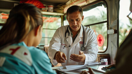 A doctor volunteering in a mobile clinic, providing essential medical care to underserved populations in rural areas — caring and love, mercy and kindness, happiness and joy - obrazy, fototapety, plakaty