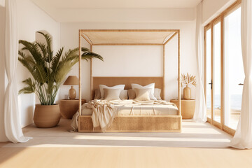 Modern home interior design. Boho style bedroom interior in warm natural muted colors with canopy bed. Textured walls, wooden furniture, natural textile, rattan and bamboo materials, sunny shades.