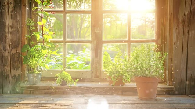 wooden window with sunny garden view  looking through. garden with sunlight in the morning view from wooden table near a window. seamless looping overlay 4k virtual video animation background