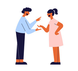 People argue pointing at each other. Arguing family, screaming parents. Man and woman loud quarrel. Couple problem, relationship crisis, divorce. Boyfriend and girlfriend conflict vector illustration