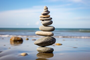 Fototapeta na wymiar Perfectly stacked stones on the shore, forming a natural zen garden