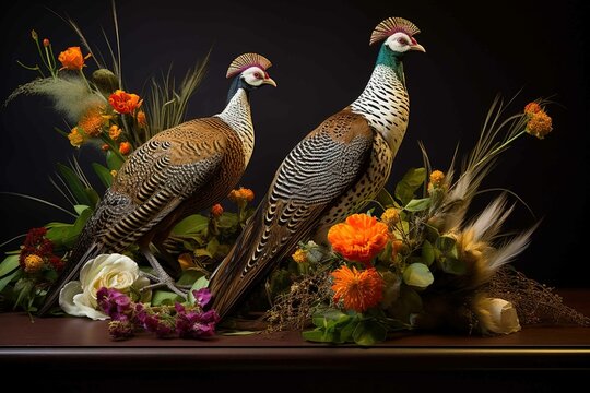 Pheasant and guinea fowl display with feather garnish