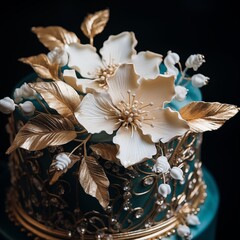 Close-up of an opulent festive cake decorated with gold and flowers