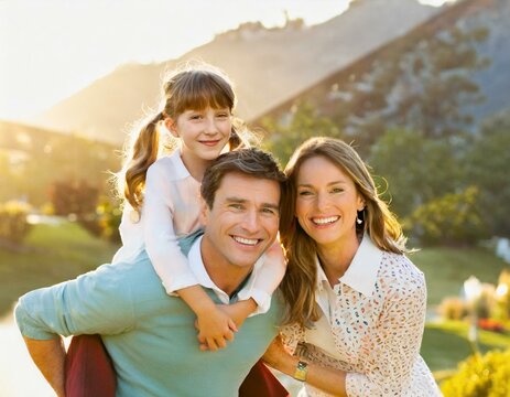 Familia peque&ntilde;a con sus hijos disfrutando juntos un d&iacute;a feliz en la naturaleza, al aire libre