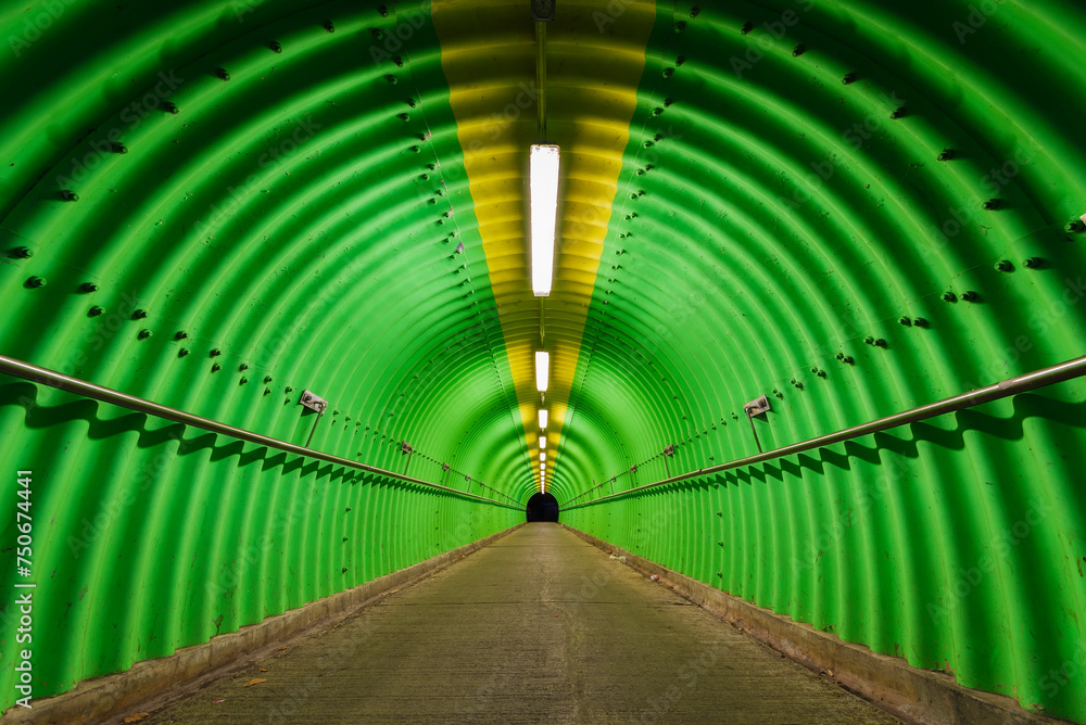 Poster empty pedestrian tunnel at night. architecture abstract background