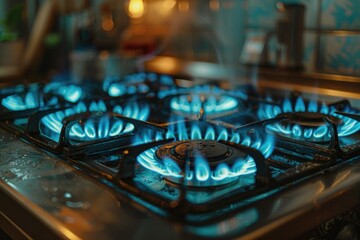 Fototapeta na wymiar Gas burning from a kitchen gas stove. blue gas flame on hob. closeup selective focus natural 