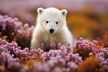 Polar bear cub playing in Arctic flowers