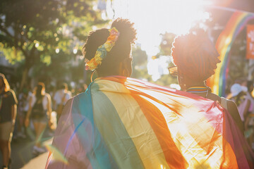 Two people holding a rainbow flag, generative ai - obrazy, fototapety, plakaty