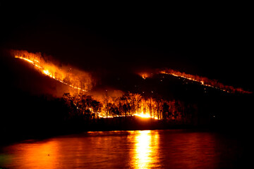 Forest fire burning in the forest above the reservoir at night.