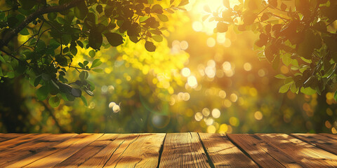 Spring background with lights bokeh and wooden table, generative ai