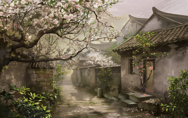 Painting of ancient Chinese town full of flowers，created with Generative AI tecnology.