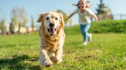 kid girl play with fun with cute dog, pet, run together on grass in playground as happiness and playful in summer with background of home