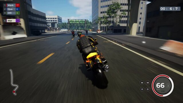 Using a fast motorbike in the video game challenge. Failing to overtake opponents in the single player motorbike video game. Defeat in the mission of the motorbike racing video game. Simulator.