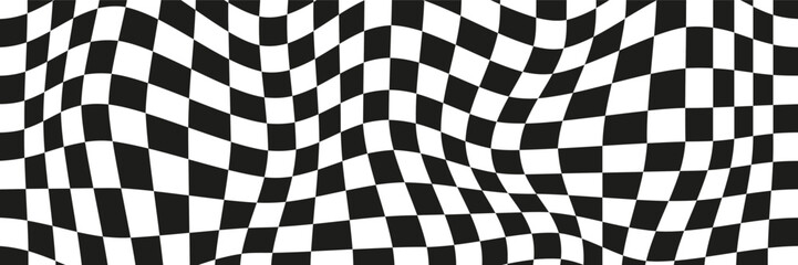 Black and white trendy checker board square texture illustration. Distorted geometric square background in vintage psychedelic y2k style.