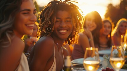 Friends Laughing Together at Golden Hour Party - obrazy, fototapety, plakaty