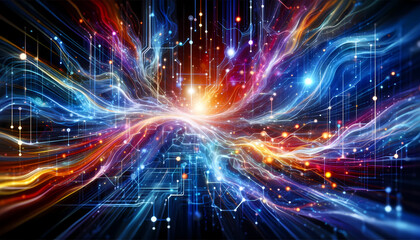 Fototapeta premium Enhanced with brighter colors, the abstract background vividly represents technology connections, with dynamic lines and dots symbolizing the vibrant flow of digital data and big data concepts.