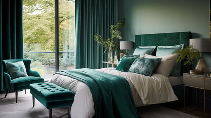 Jasna przytulna sypialnia w stylu glamour - mockup obrazu na ścianie. Zielone, szmaragdowe i białe kolory wnętrza. Render 3d. Wizualizacja - obrazy, fototapety, plakaty