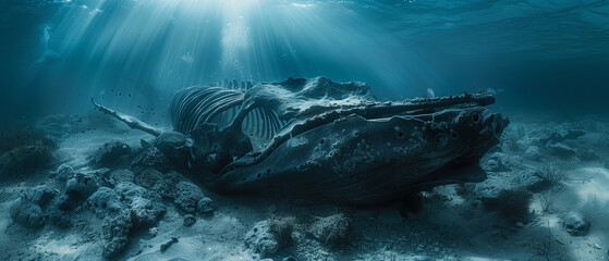 Carcass of a whale skeleton discovered lying on the ocean floor - obrazy, fototapety, plakaty