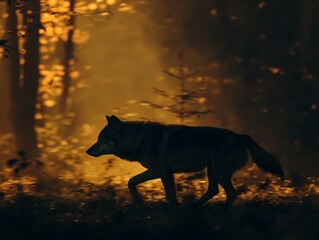 Silhouette of a gray wolf running through the forest, embodying the essence of wild freedom