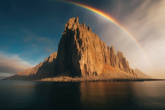 Rainbow halo around the shadow of an isolated pinnacle rock