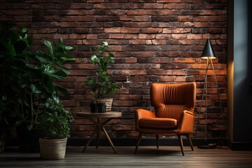 a chair and a table next to a brick wall