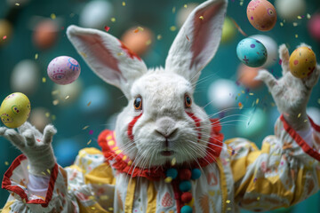 Fototapeta na wymiar Close-up of a cute Easter bunny in clown costume, expertly juggling Easter eggs