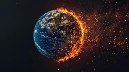 Earth engulfed in flames, symbolizing the severity of the global warming crisis