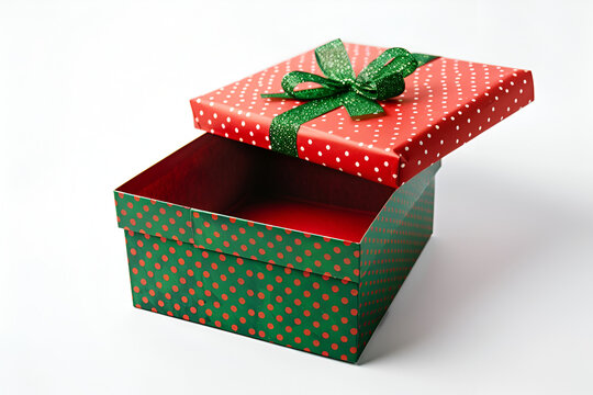 Vibrant Red and Green Open Gift Box on White! Perfect for Holiday Promotions, Celebrations, and Seasonal Greetings. Ideal for Websites, Social Media, and Marketing Campaigns