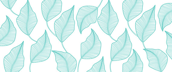 Tropical leaves wallpaper, Luxury nature leaf pattern design, botanical foliage lines. Hand drawn outline fabric, print, cover, banner and invitation,
