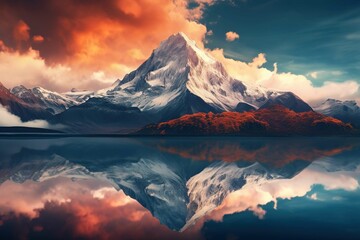 Reflection of a volcanic peak in a calm alpine lake - obrazy, fototapety, plakaty