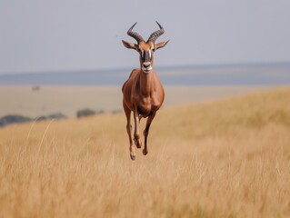 A topi antelope executes a powerful leap across the African grasslands, showcasing agility and grace