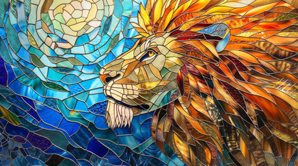 Magnificent stained glass artwork of lion in all its glory, with colorful glass panels