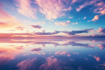 Reflective salt flats mirroring the sky at sunset