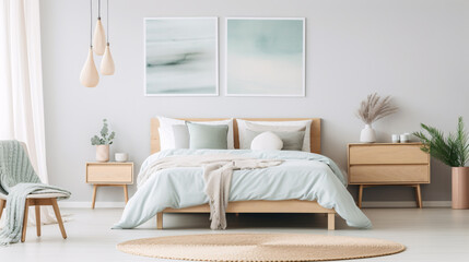 Fototapeta na wymiar Stylish soft green and neutral colour bedroom interior design modern and minimal style.
