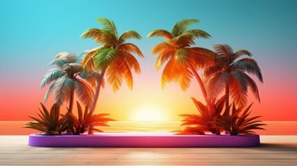 Tropical product placement podium stage with summer beach palm tree, Bright color, ultra realistic, vibrant colors   - obrazy, fototapety, plakaty