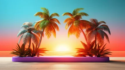 Poster Tropical product placement podium stage with summer beach palm tree, Bright color, ultra realistic, vibrant colors   © YamunaART