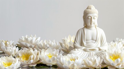 A white Buddha statue in meditation, with pink lotus flowers and green leaves on water, under a soft rain. Vesak day background