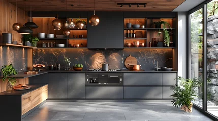 Foto op Plexiglas Black wooden color kitchen,home interior design background kitchen design  © sunve