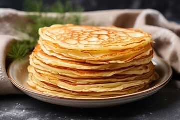 Thin pancakes or russian blini on gray stone background. Close up. Tasty popular breakfast.
