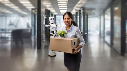An upset woman carrying a box with a plant, followed by a waving robot in an office corridor. - obrazy, fototapety, plakaty