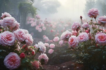 Rose garden with dew-covered blooms