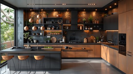Black wooden color kitchen,home interior design background kitchen design 