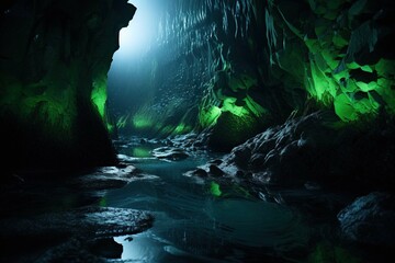 Rugged sea caves illuminated by the shimmering light of bioluminescent algae