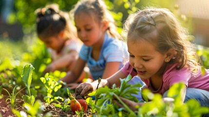 Vegetable garden - little gardener with harvests of healthy vegetables