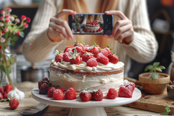 I made a cake to celebrate my wedding anniversary and took a photo of it with my smartphone. Memorable anniversary event concept.