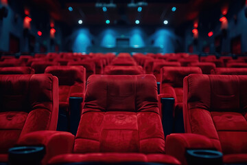 Cinematic Elegance: An Evening Overview Inside the Theatre, Luxurious Red Chairs Await in the Moody Glow of Dimmed Ambiance