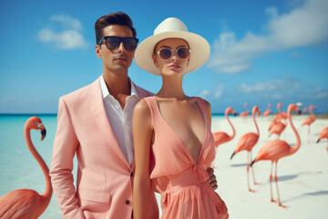 Portrait of a beautiful couple with flamingo birds on the beach