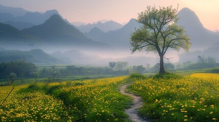 Rape field and green tree in sunrise, foggy morning with yellow flowers field, trees and distant green mountains landscape