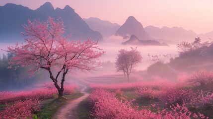 Foggy sunrise spring beauty, distant green mountains,  mist, cherry blossoms, pink flower trees beautiful landscape