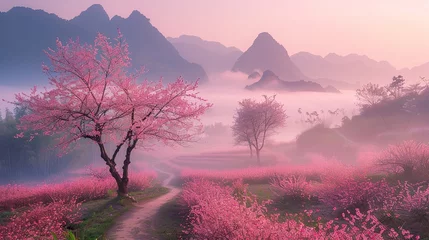 Fototapeten Foggy sunrise spring beauty, distant green mountains,  mist, cherry blossoms, pink flower trees beautiful landscape © JetHuynh